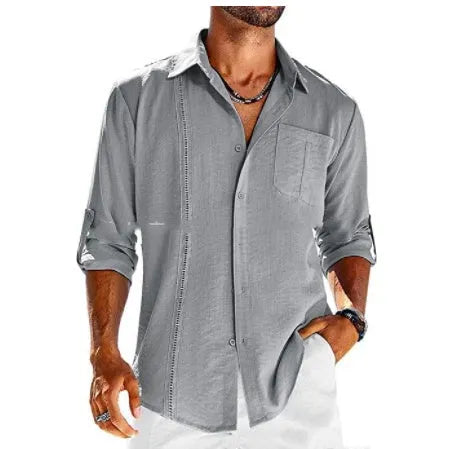 Men's solid colour cotton blend long sleeve shirt with a polo collar and a chest pocket.