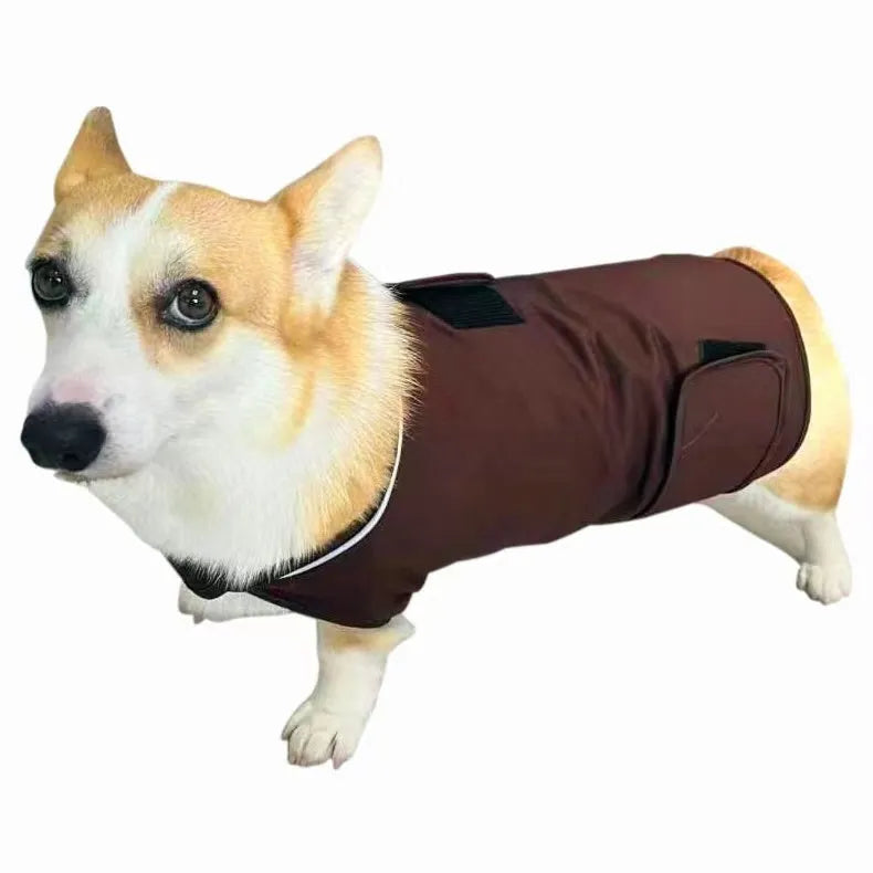Dog wearing separation anxiety tank top in brocade cotton Ponte-de-Roma fabric