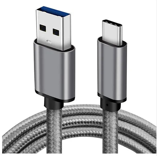 USB Type-C charging cable with metal connectors and braided mesh sheath, shown in silver finish.