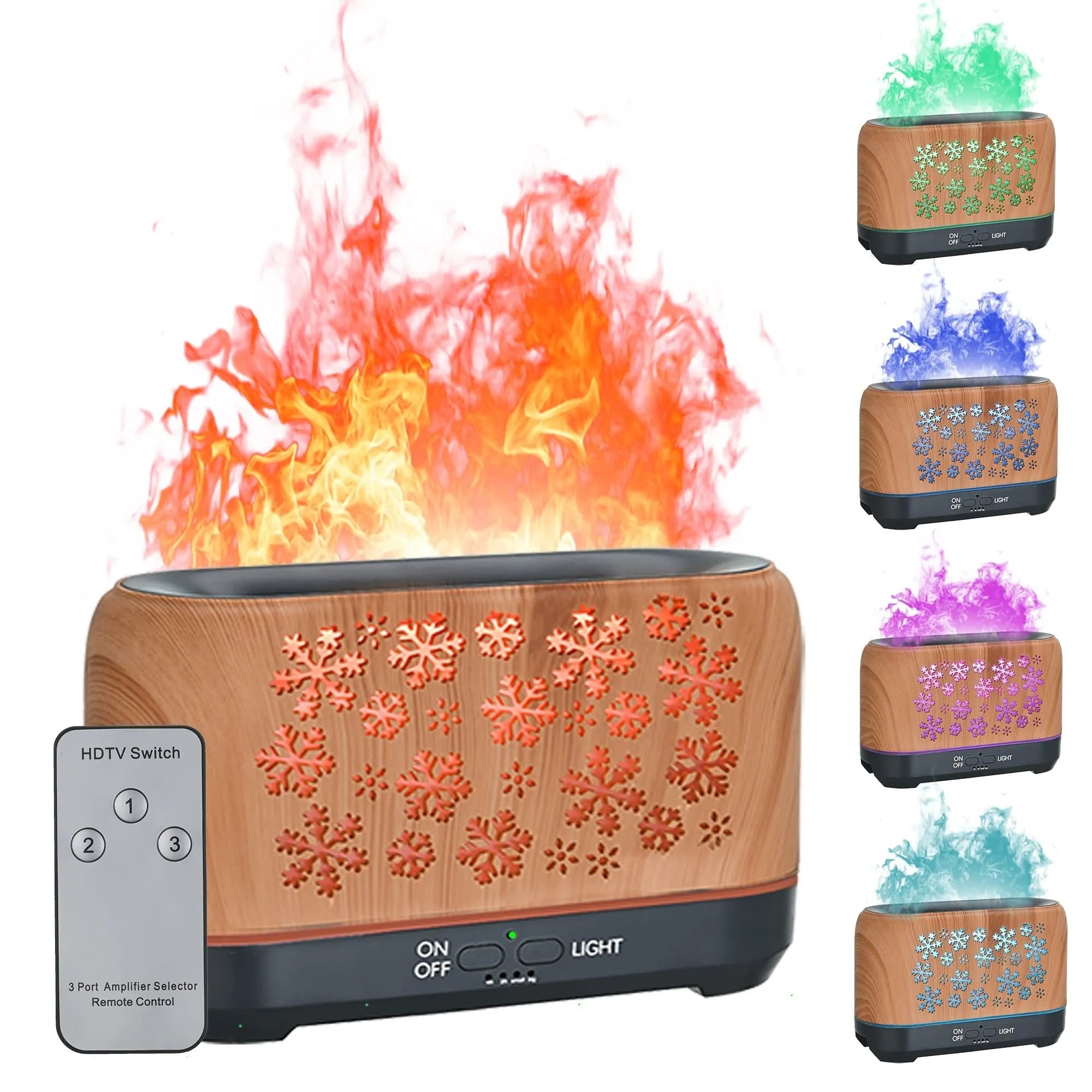 Square snowflake pattern humidifier with colourful flame effect and remote control on desktop