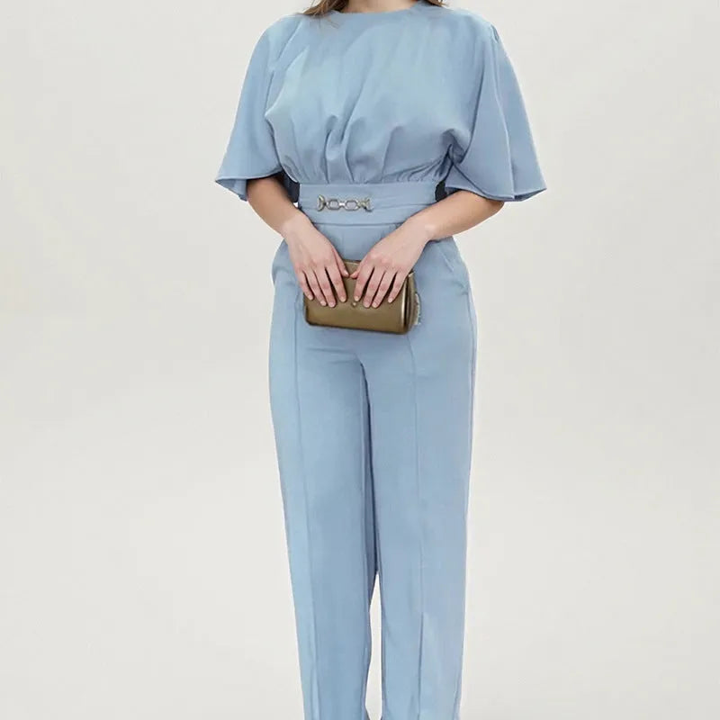 Blue polyester men's business suit with long-sleeved jacket and matching trousers