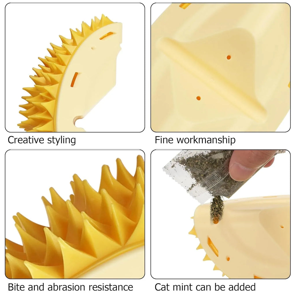 Yellow durian-shaped cat corner scratcher with massage brush installed on wall