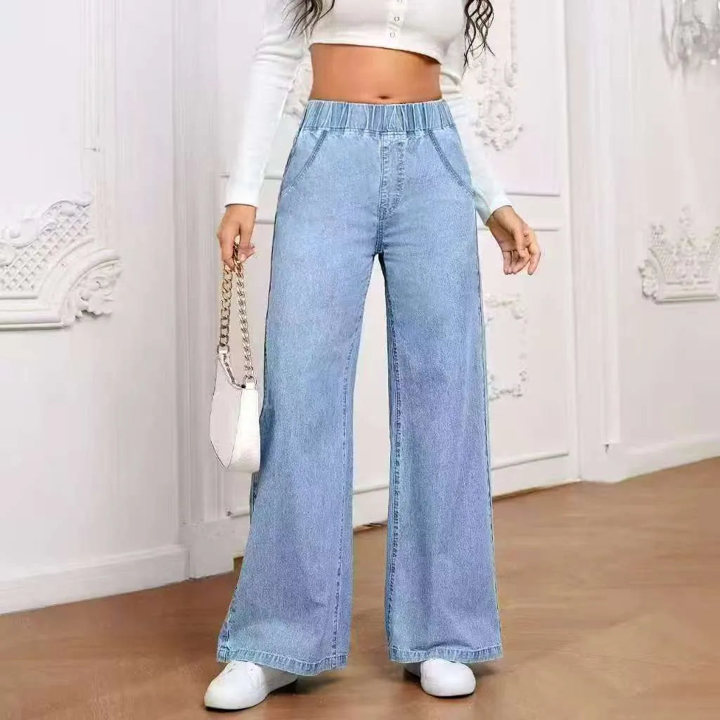 Plus size light blue washed denim jeans with wide-leg straight cut and mid-rise waist