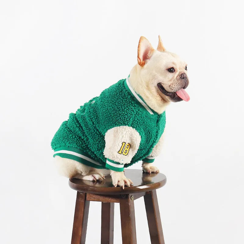 Green fleece-lined winter dog clothing coat in cotton fabric available in multiple sizes
