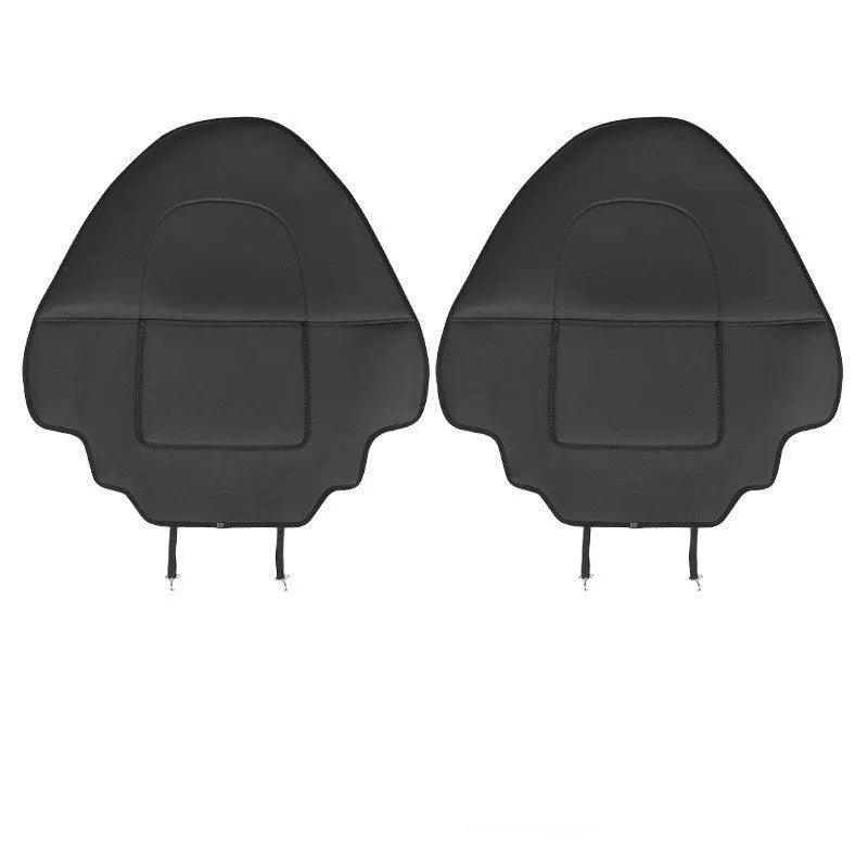 Black leather rear anti kick pad for car seats, shown with storage pocket.