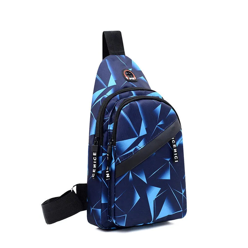 Black Oxford cloth crossbody chest bag for men with a visible earphone hole and zipper.