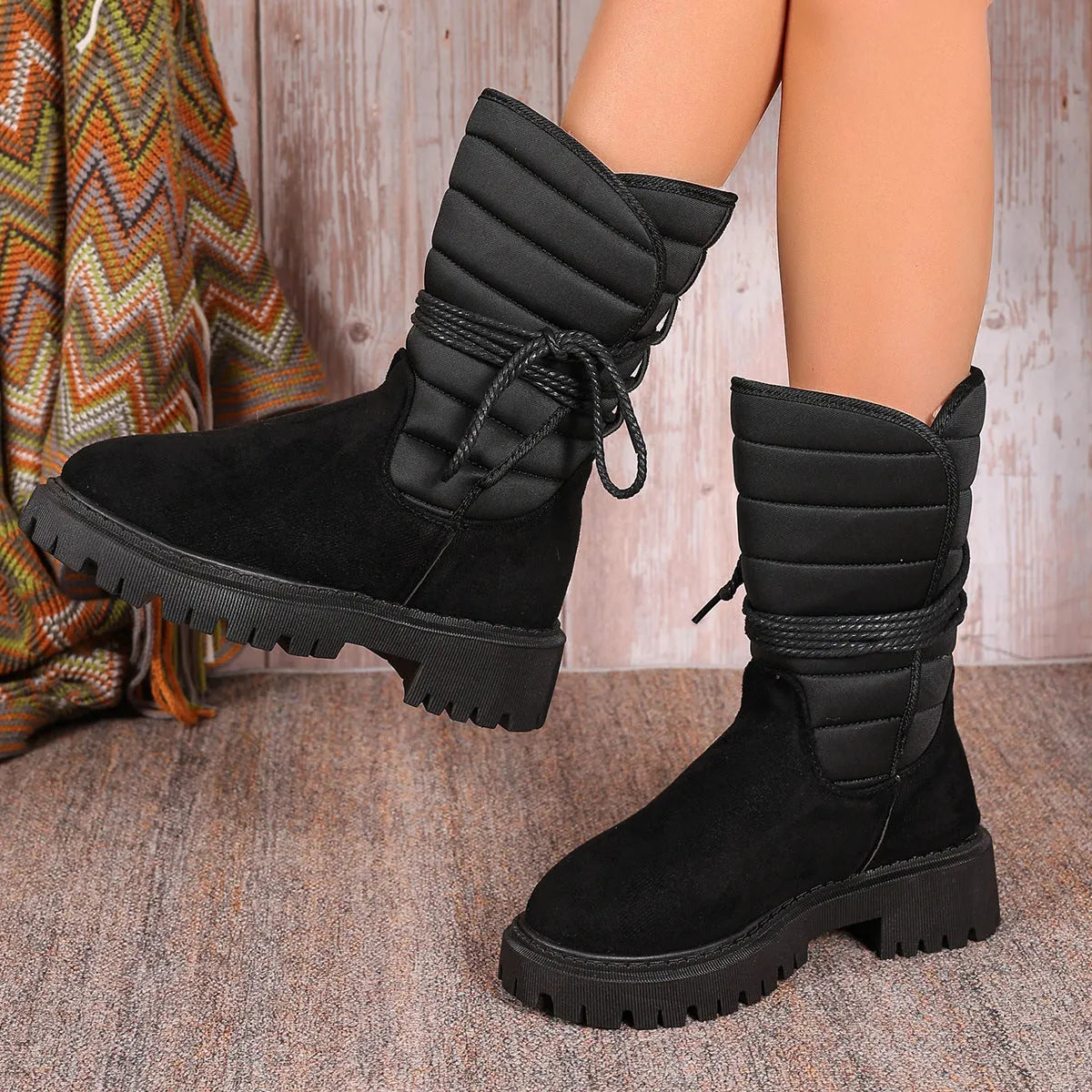 Women's black chunky heel mid-tube snow boots with lace-up design and fleece lining