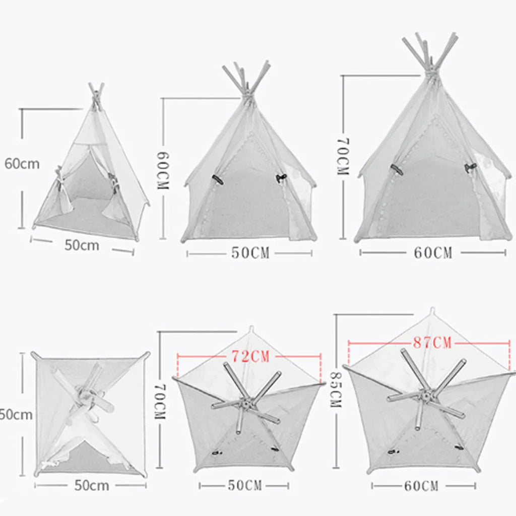 Striped flax and linen pet teepee tent with cushion for small dogs or cats