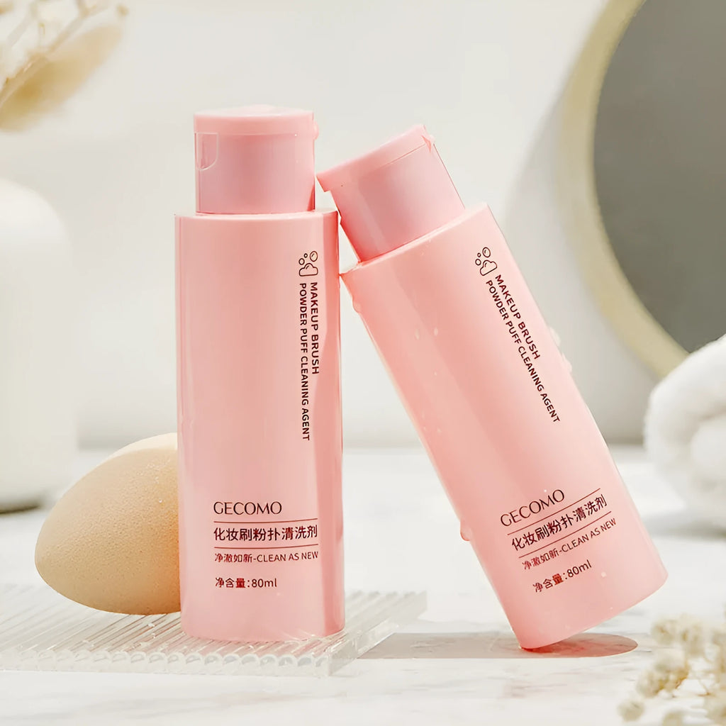 Makeup brush cleaner set showing 80ml detergent and 75ml wash-free spray for beauty blenders