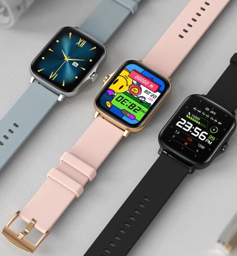 Blue smart watch with 1.7-inch touch screen on adjustable strap, showing heart rate monitoring interface.