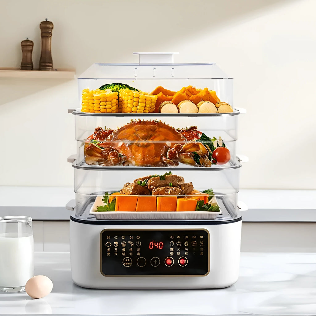 28 litre electric kitchen steamer with stainless steel construction and automatic water measurement