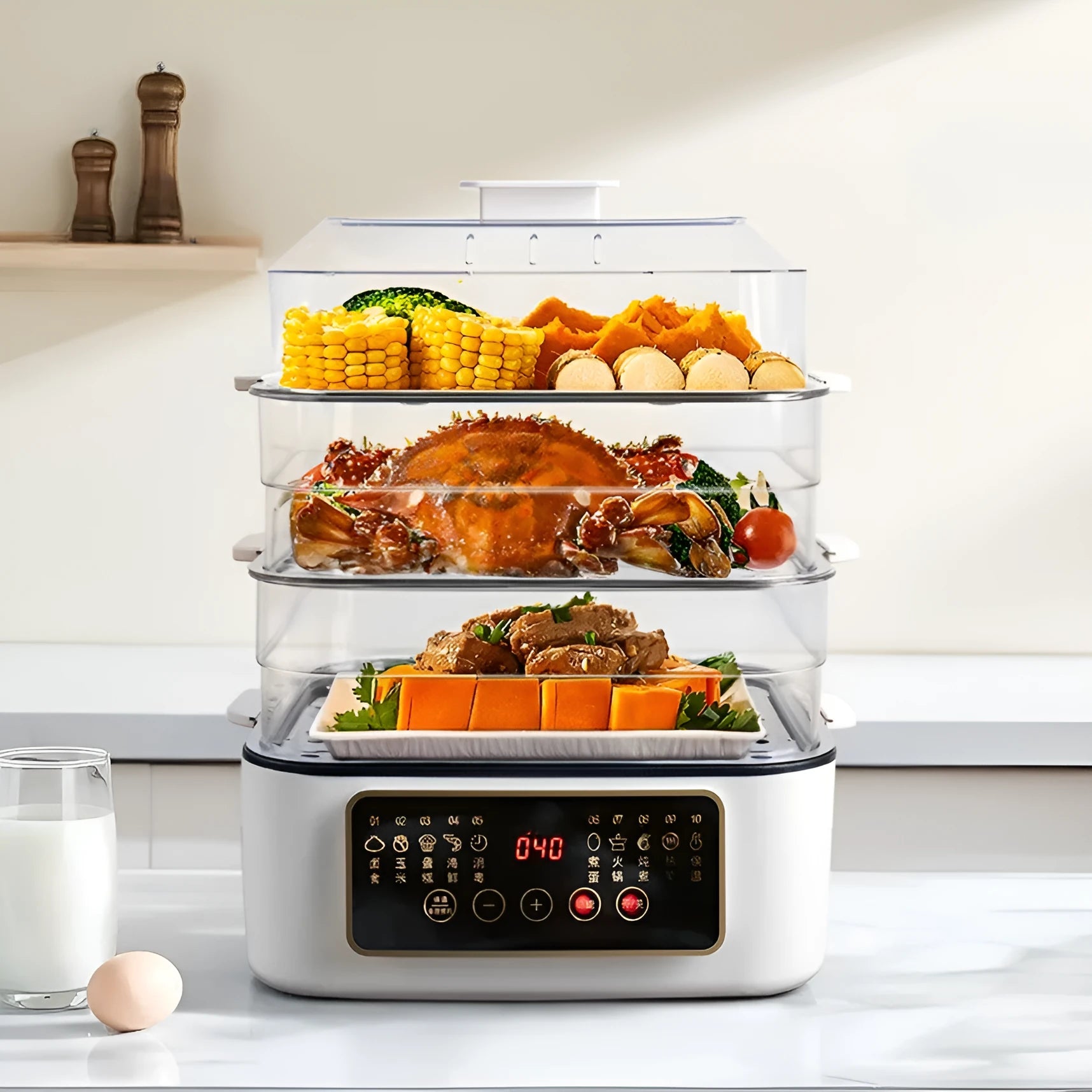 28 litre electric kitchen steamer with stainless steel construction and automatic water measurement