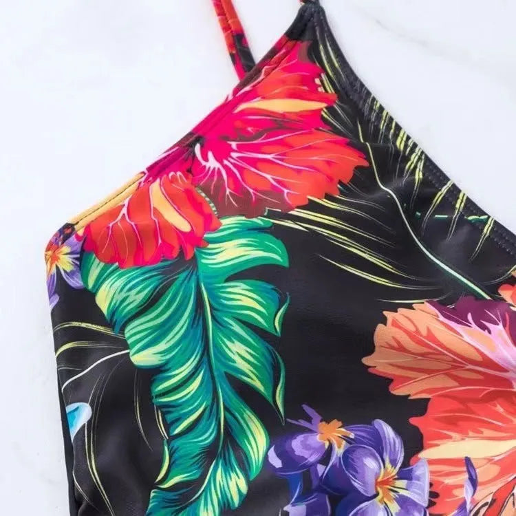 Black women's high-waist briefs with a printed split bikini design for sports and swimming.