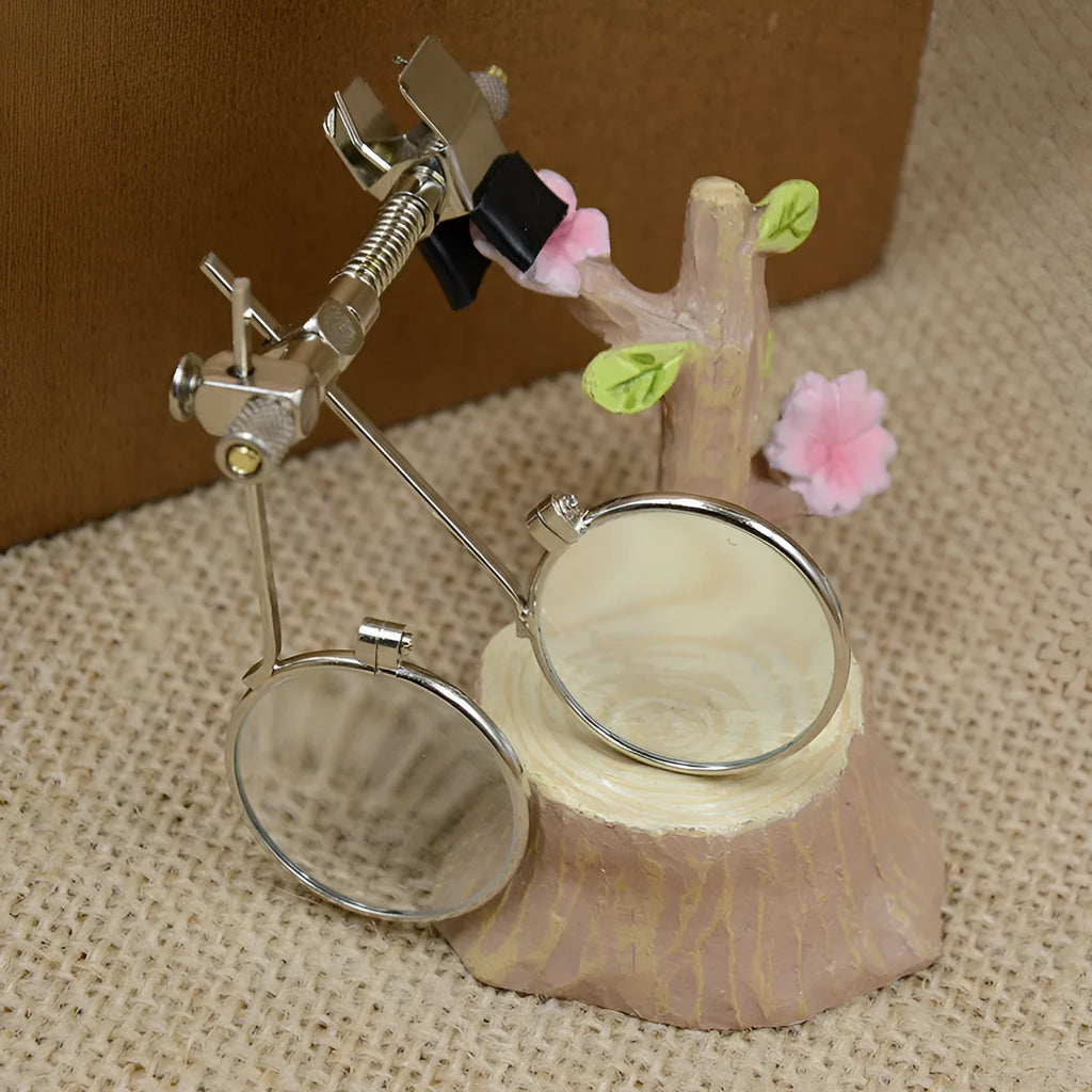 Reading glass mirror double clip accessory with metal bracket and glass lenses for hands-free magnification