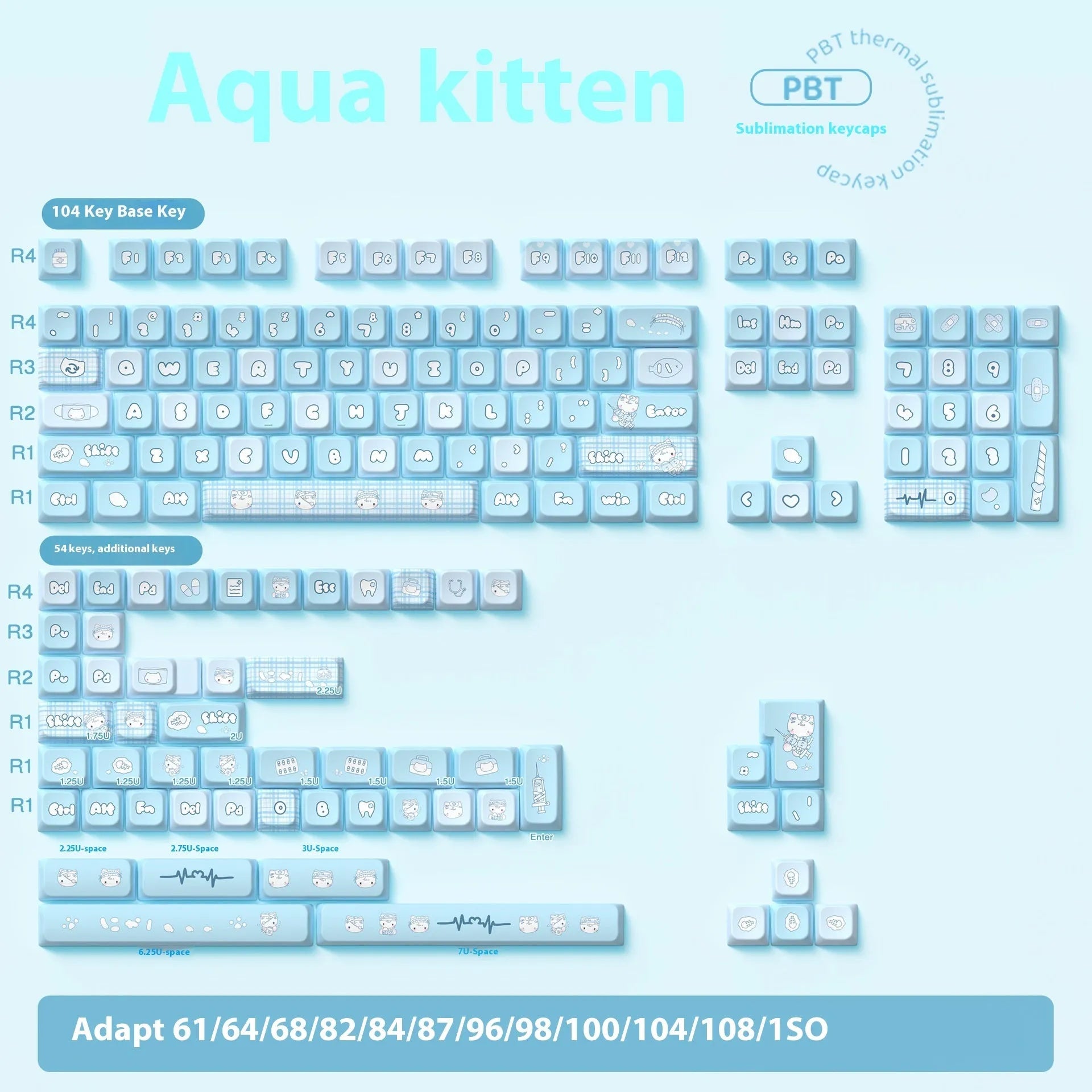 Watercolor kitten themed custom mechanical keyboard keycaps with sublimation printing on PTB material