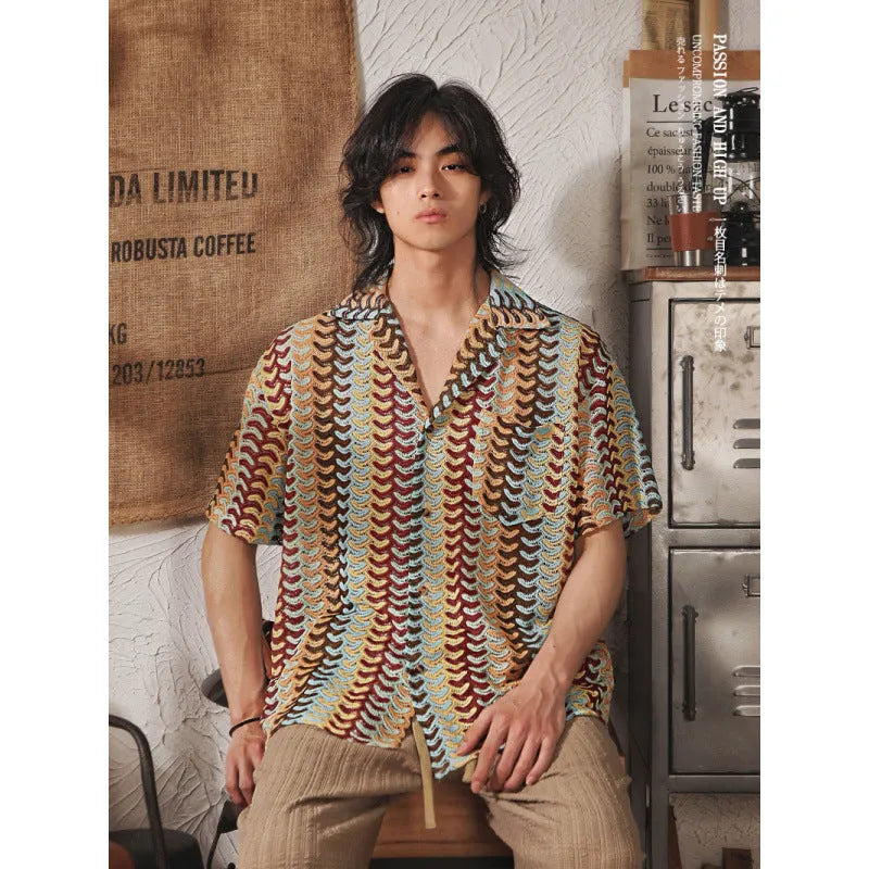 Grey Japanese style Cuban collar short sleeve shirt with jacquard pattern, slim fit.