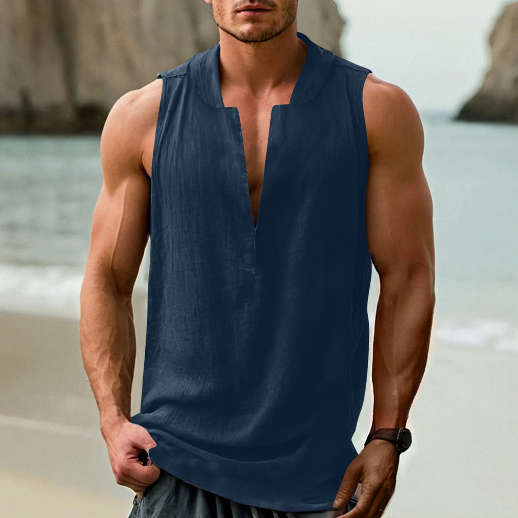 Men's casual sleeveless shirt in cotton linen blend showing colour options and sleeveless design
