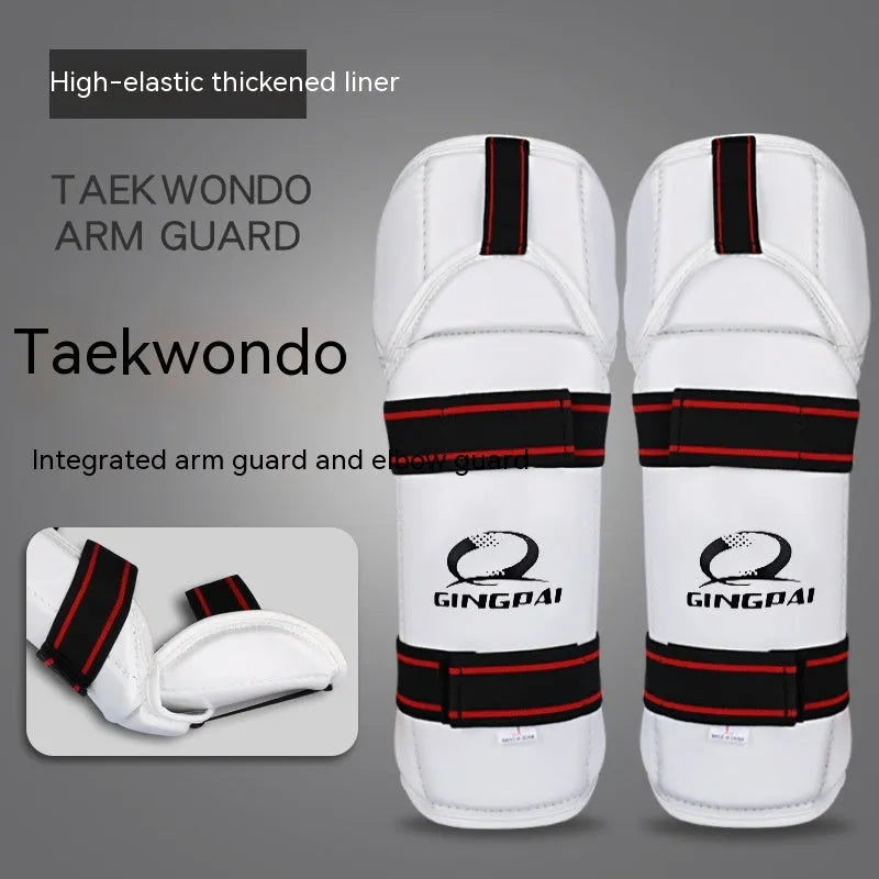 Taekwondo protective gear set showing leg protectors and arm guards in PU EVA foam material