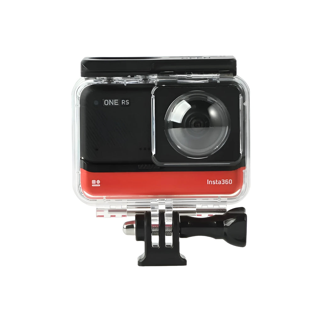 Transparent waterproof housing for Insta360 One RS panoramic camera showing dimensions