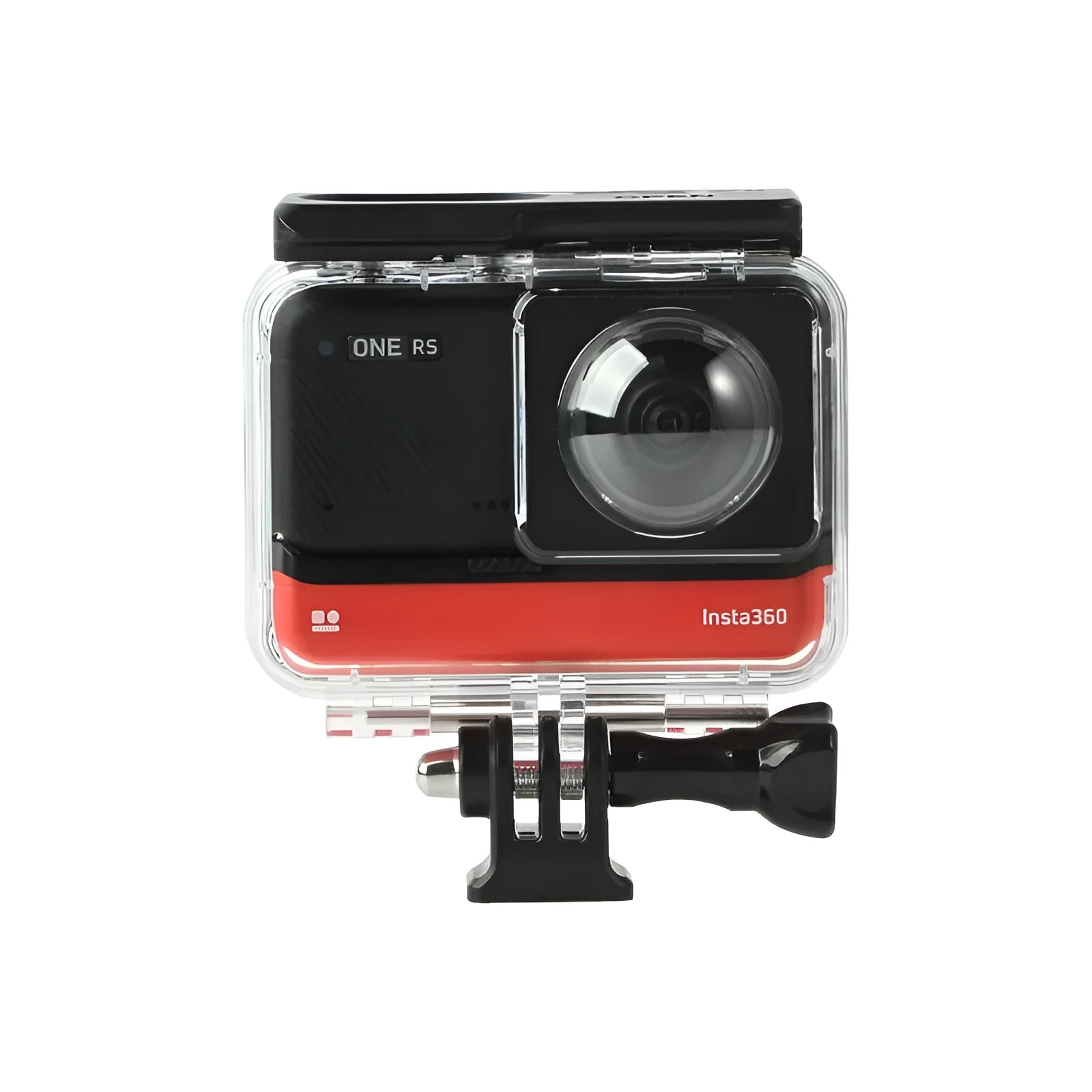 Transparent waterproof housing for Insta360 One RS panoramic camera showing dimensions