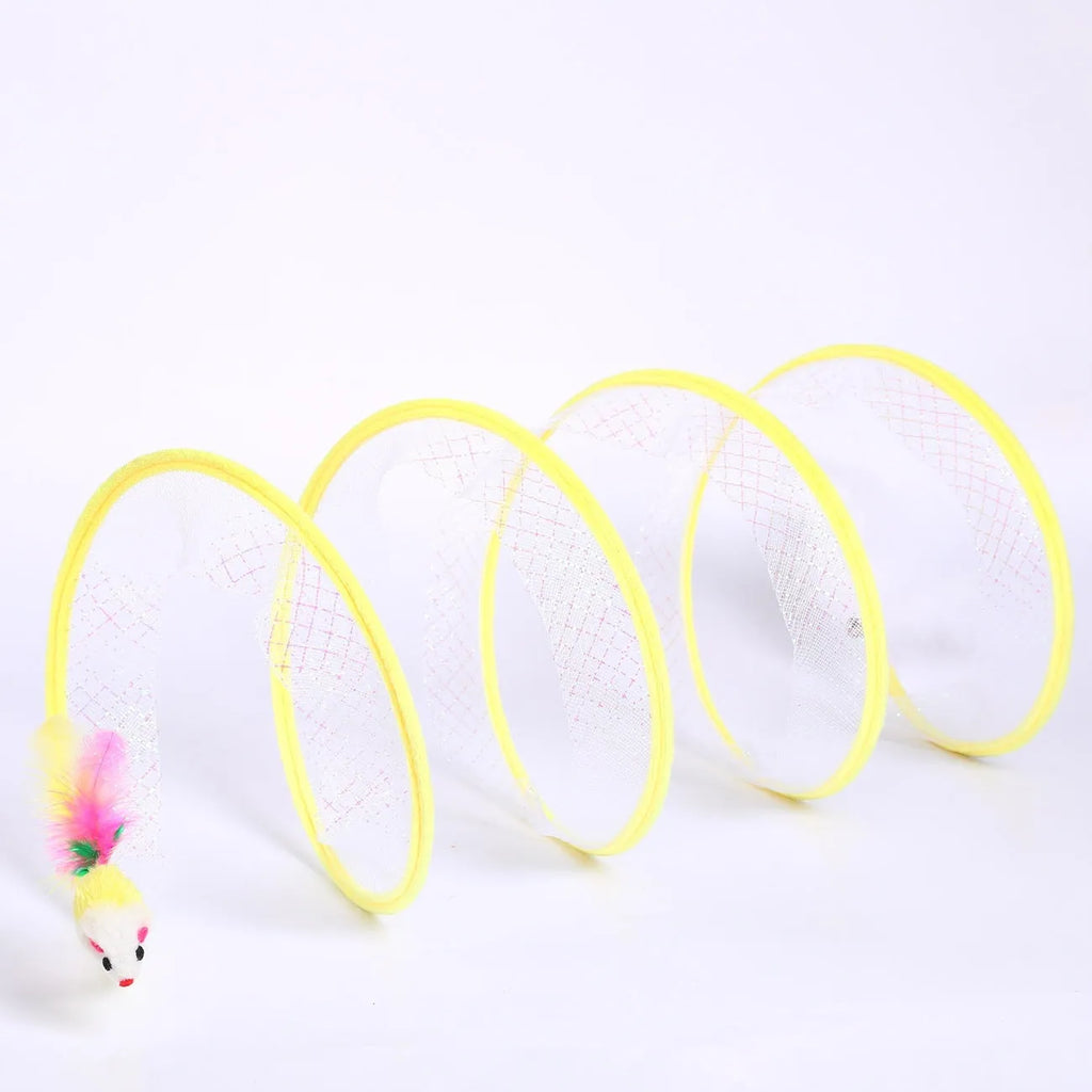 S-shaped cat tunnel with steel frame, elastic net and interior feather danglers