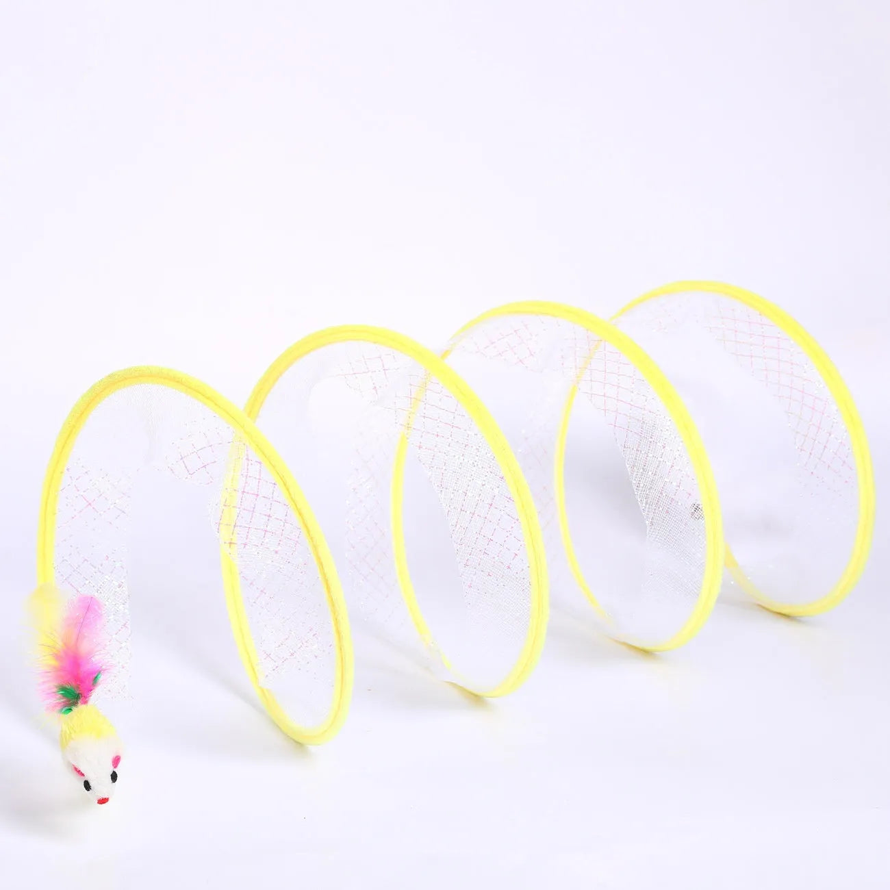 S-shaped cat tunnel with steel frame, elastic net and interior feather danglers