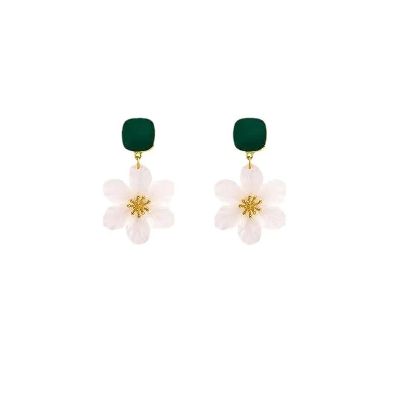 A pair of dark green and alloy needle flowers design drop earrings for women.