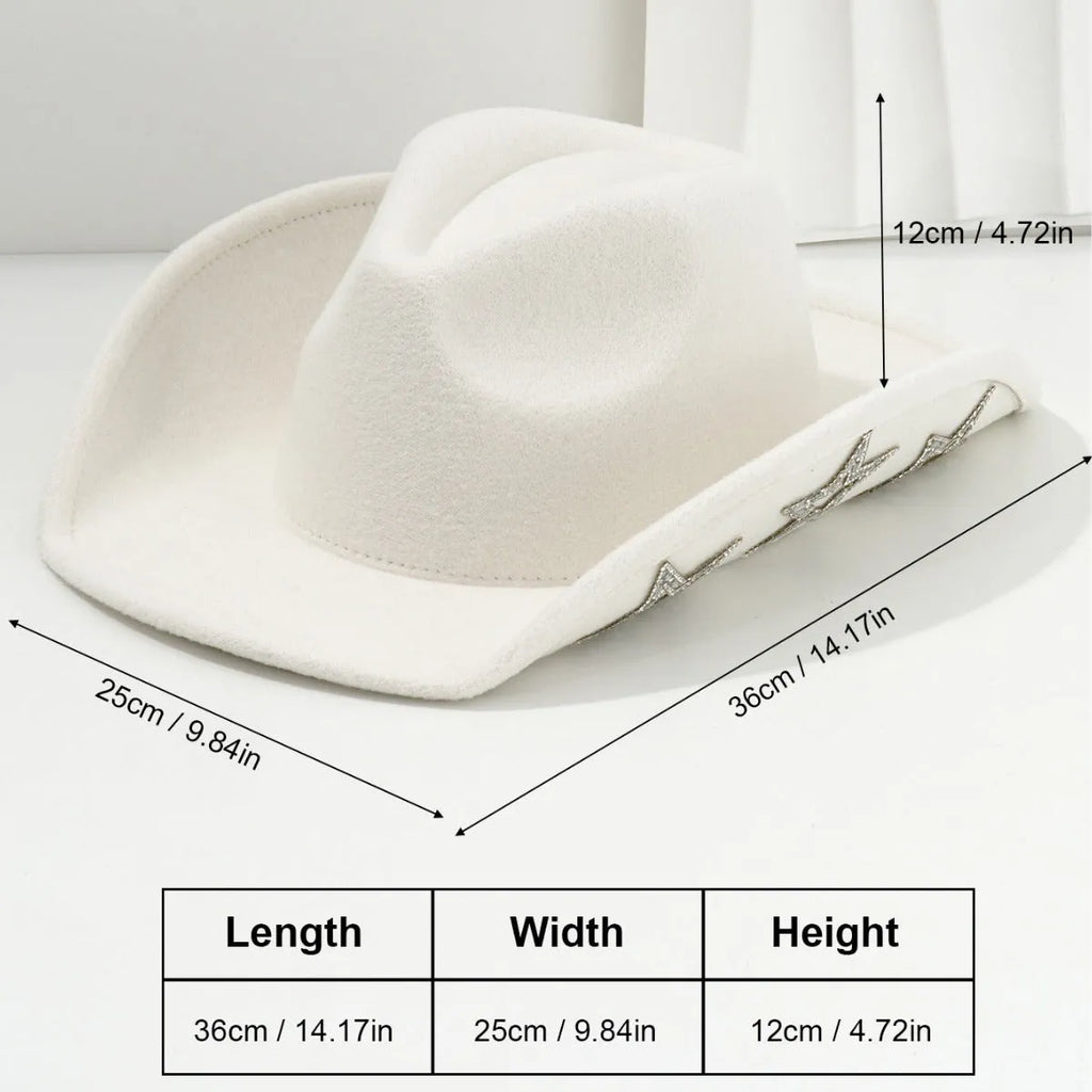Western denim top hat in polyester woolen felt with conical crown and hexagonal star decoration
