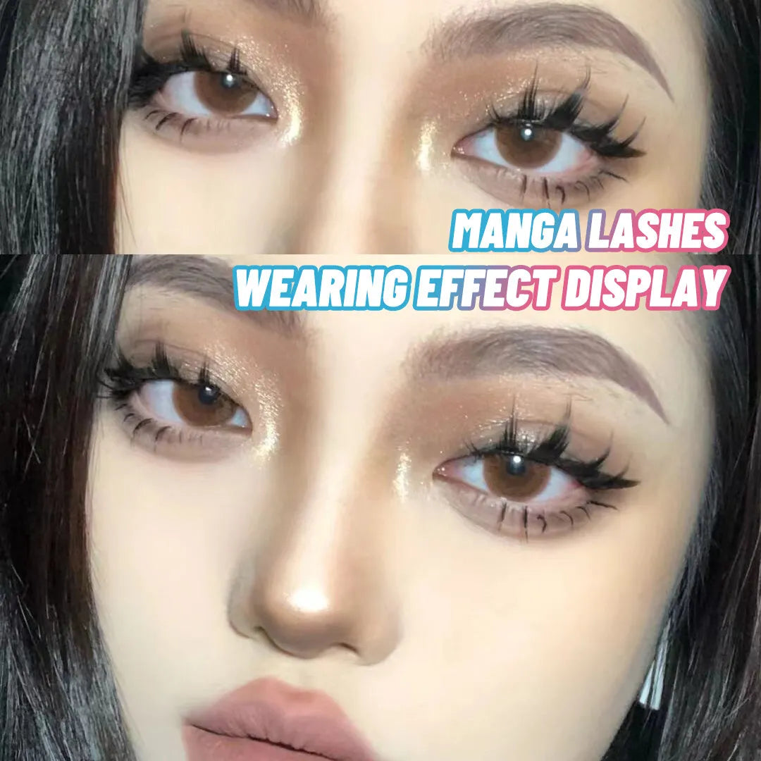 Pack of 15 pairs of natural wispy manga false eyelashes on black plastic bands for cosplay.