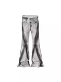 Men's white retro selvedge jeans with black ribbon gradient detailing and a zip fly.
