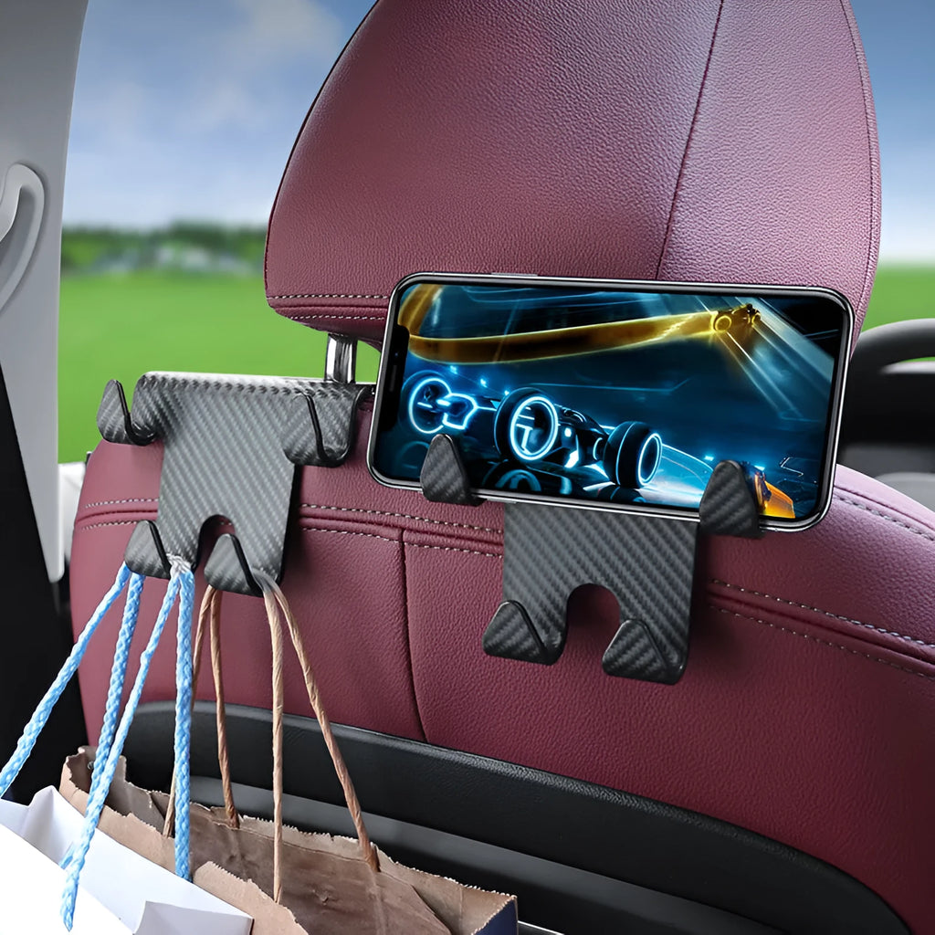 Black ABS car hook and mobile phone bracket for rear seat back storage.