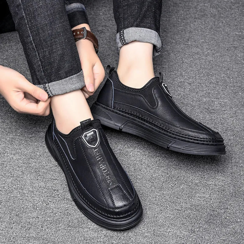 Men's black and brown casual leather shoes with round toe design showing front and side views