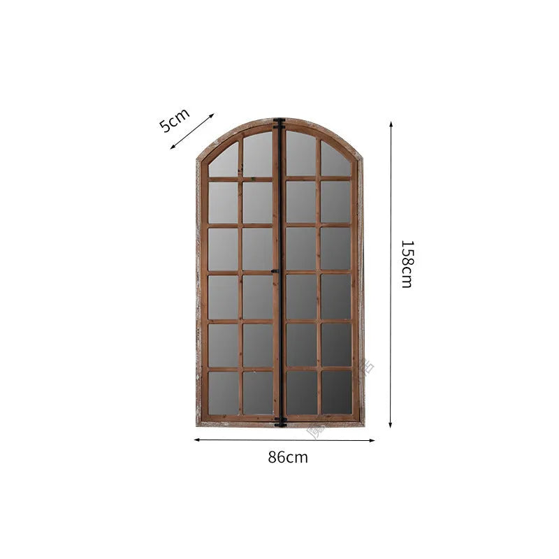 Terrace distressed fake window wall mirror with wooden glass frame in log colour, A316 style