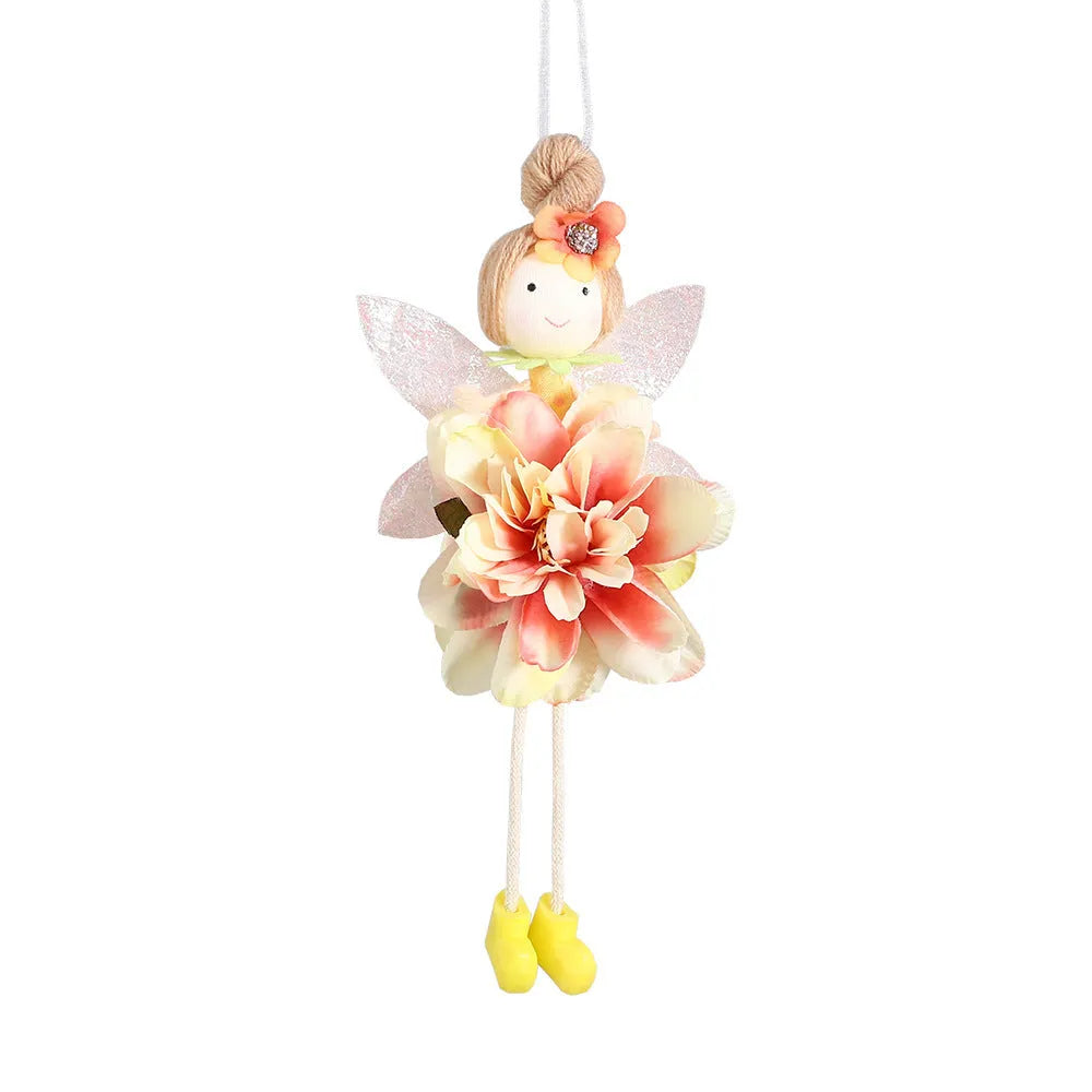 Cute cloth elf flower angel pendant for Easter decoration in dark pink, pink, green, and yellow colours.