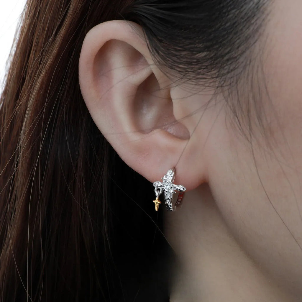 925 sterling silver cross earrings with white gold electroplated finish and geometric design