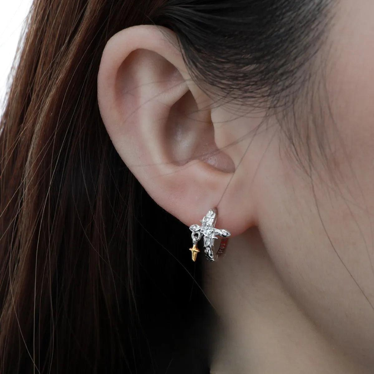925 sterling silver cross earrings with white gold electroplated finish and geometric design