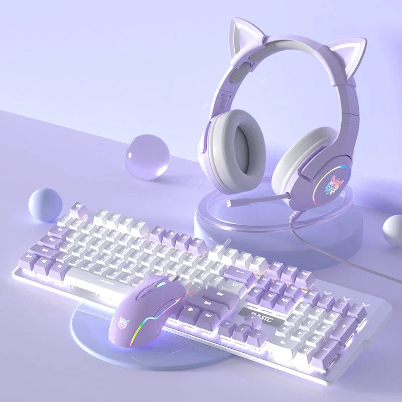 White and purple mechanical keyboard and mouse set with RGB backlight and gaming headset