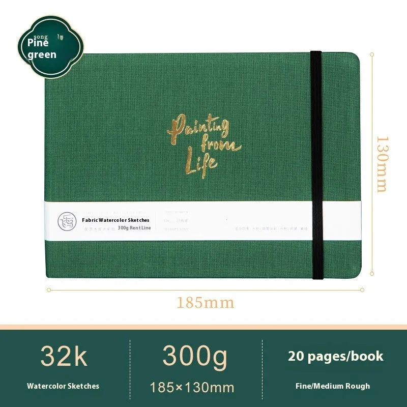 Feiluniao handmade fabric watercolour sketchbook with decorative cover, shown at 185mm length.