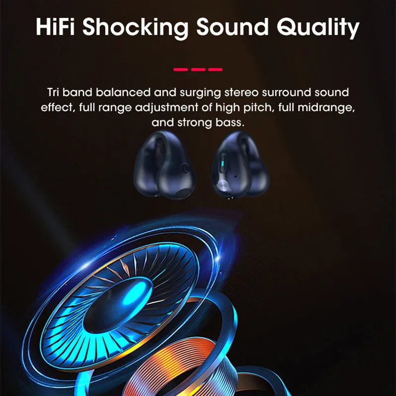 Bone conduction Bluetooth headset with ear clip in black, white, or khaki colour options.