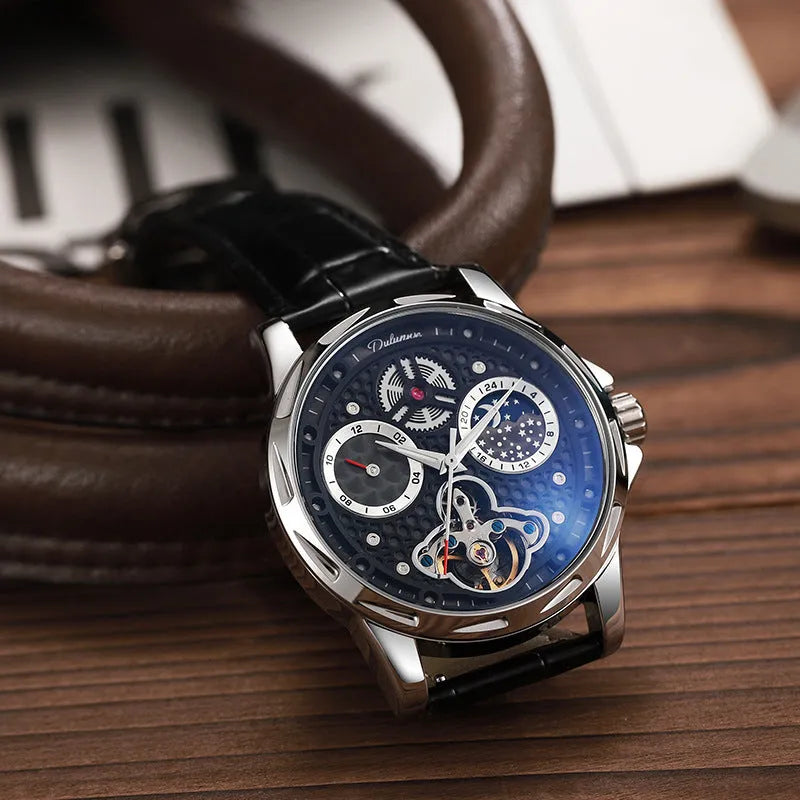 Men's automatic business watch with steel case, available with steel bracelet or leather strap, luminous waterproof features