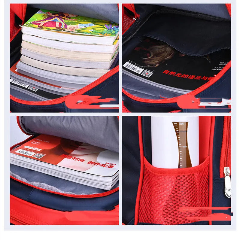 Blue cartoon anime print nylon school backpack with pencil case, shown with open compartment