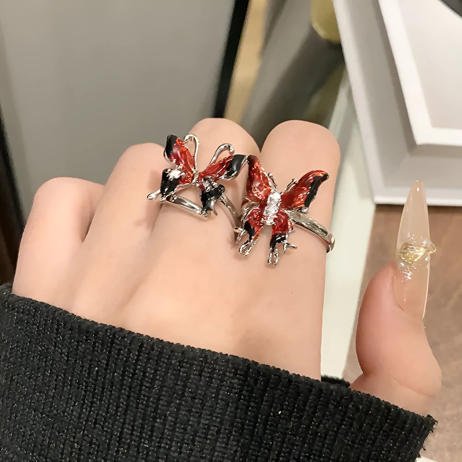 Butterfly women's copper ring with adjustable split ring design showing oil-drip colour treatment