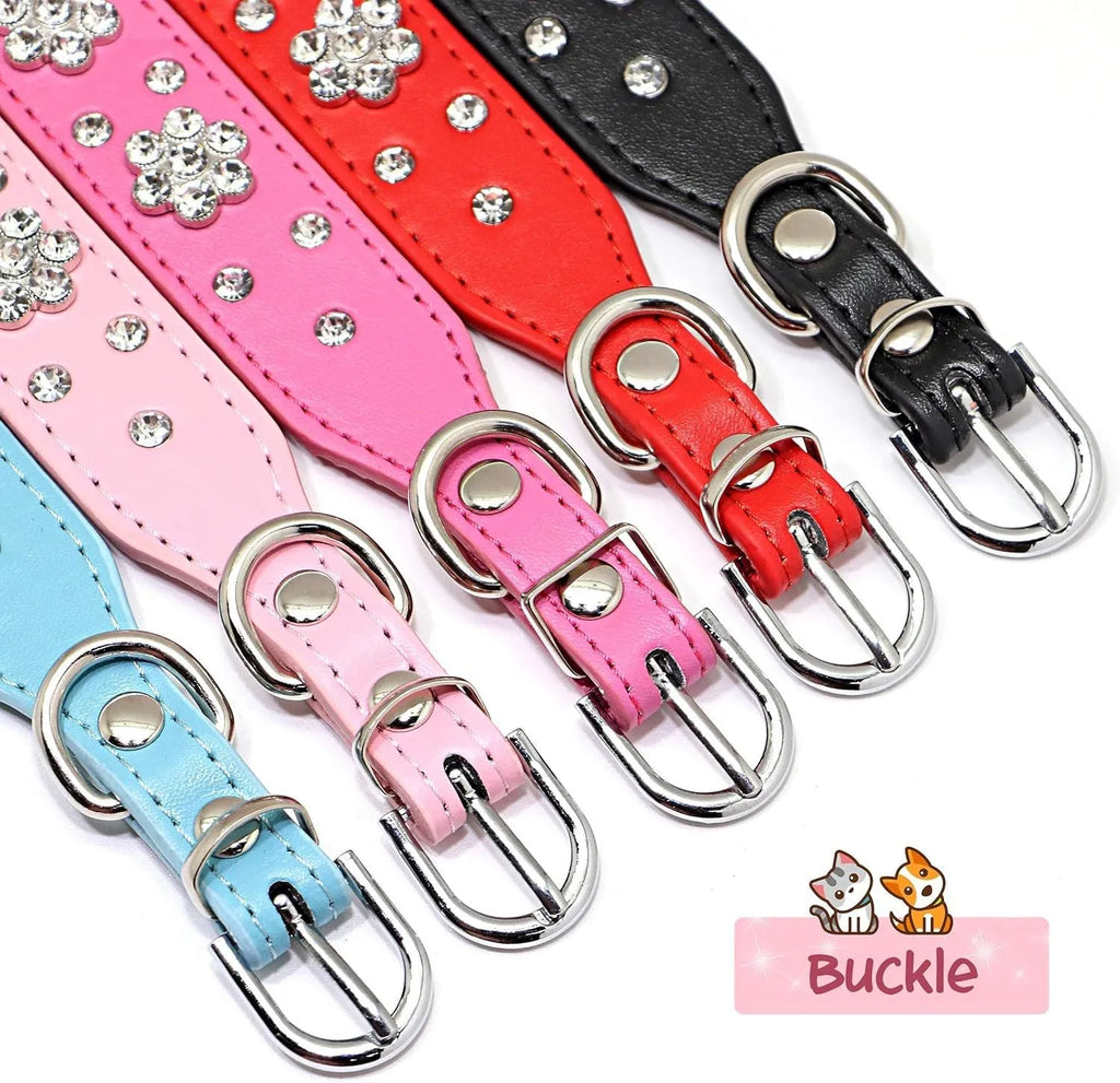 Black dog collar with studded rhinestone flower pattern and a metal D-ring on a white background