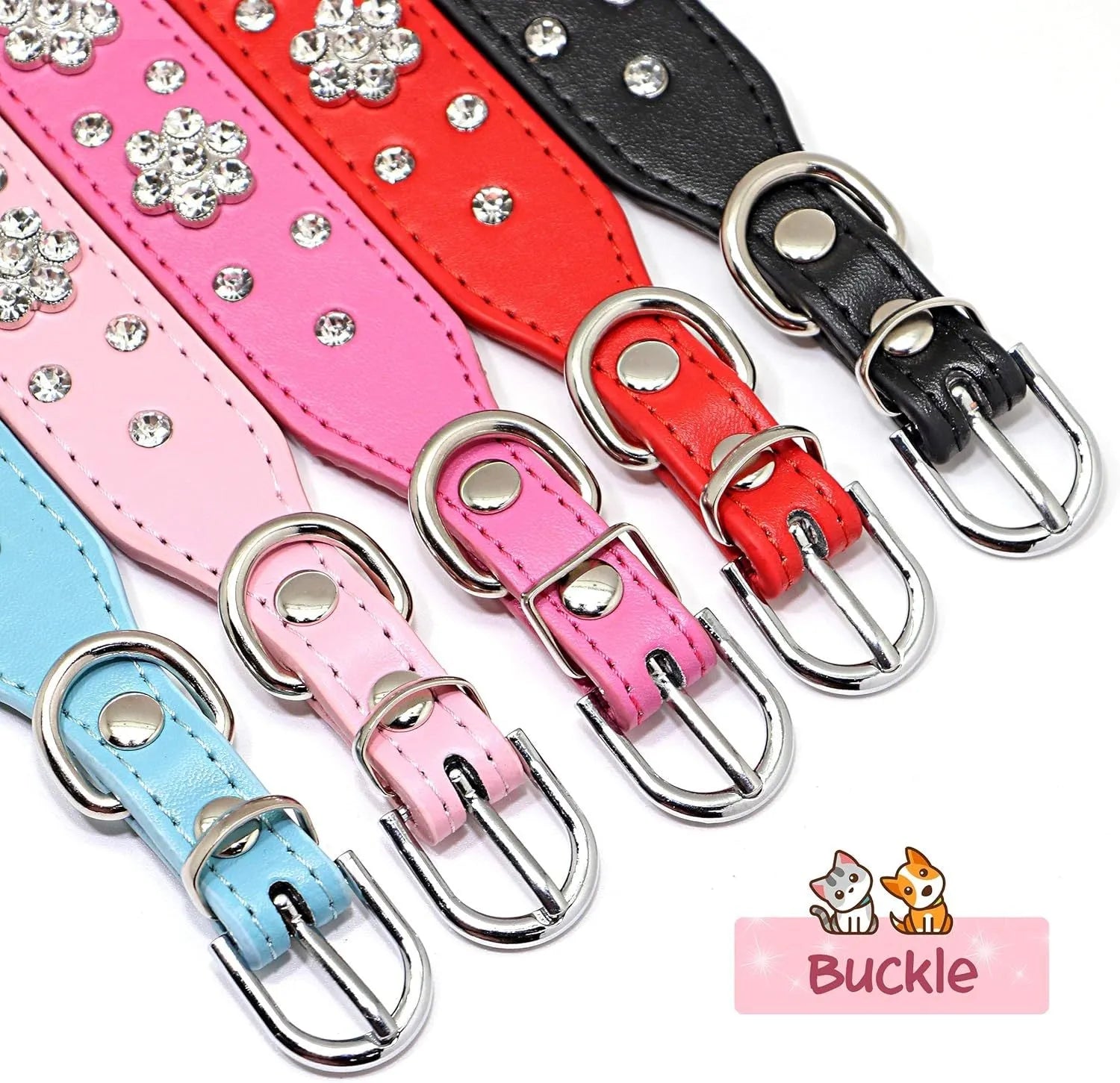 Black dog collar with studded rhinestone flower pattern and a metal D-ring on a white background