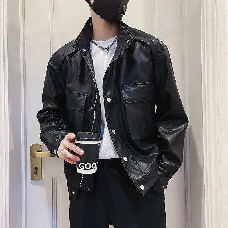 Men's black Korean-style pilot leather jacket with side pockets and straight hem design