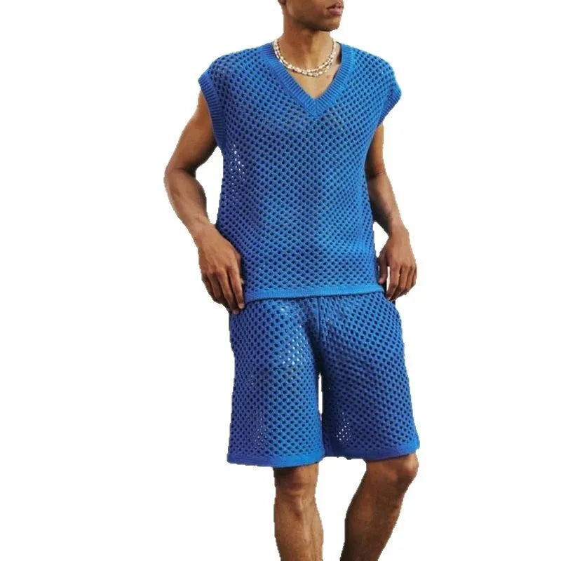 Men's blue cotton v-neck vest and matching shorts summer sports set