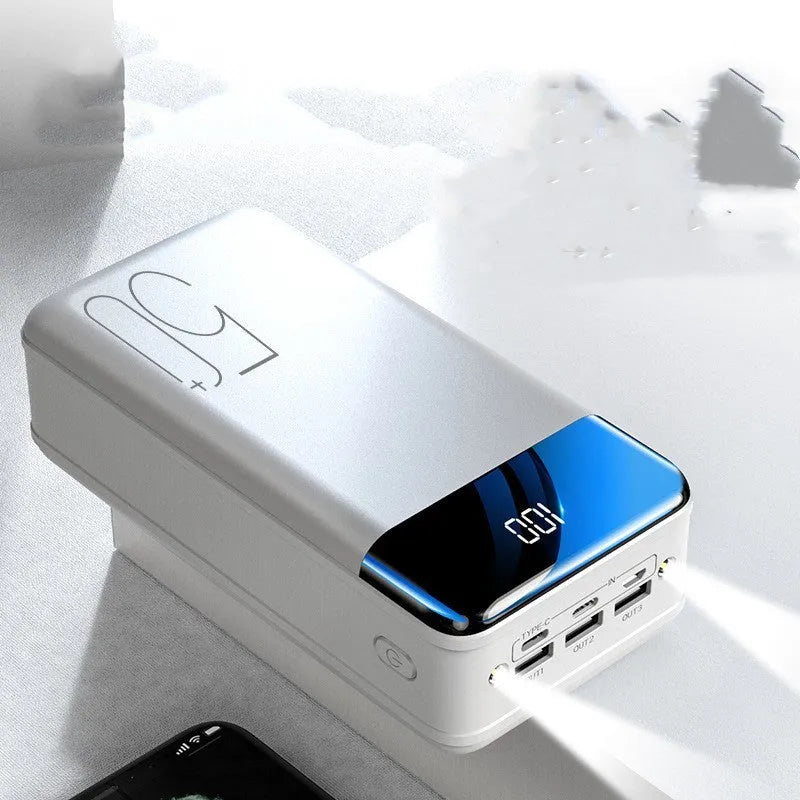 50000mAh power bank with three USB output ports in black or white plastic case
