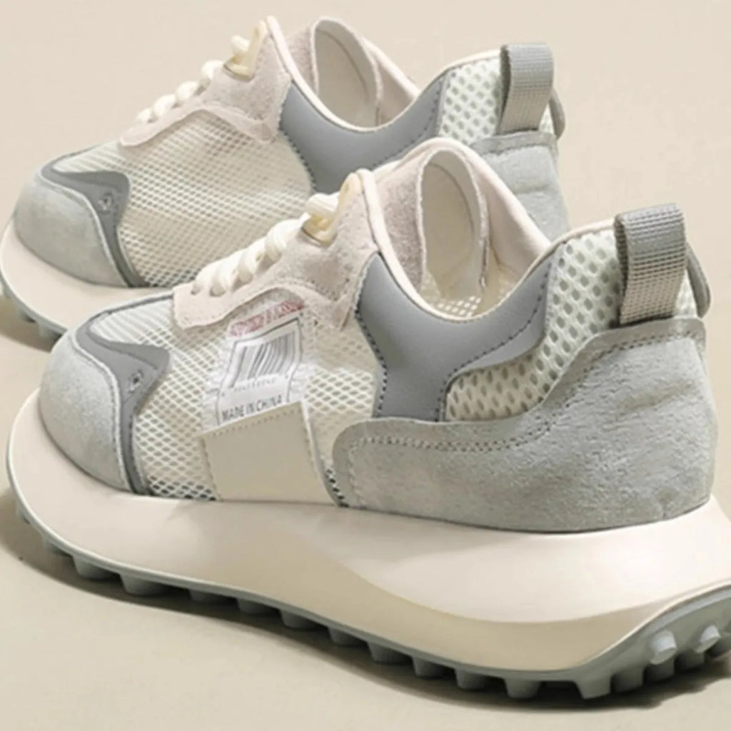 Women's grey and pink retro sneakers with low-top flat heel design and mesh lining
