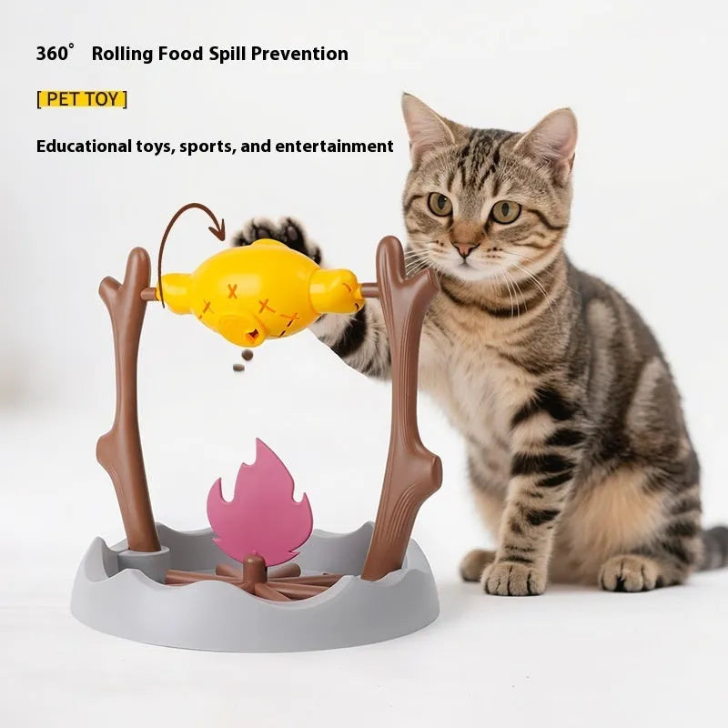 Barbecue-themed tumbling cat feeder toy with leakage food dispensing mechanism