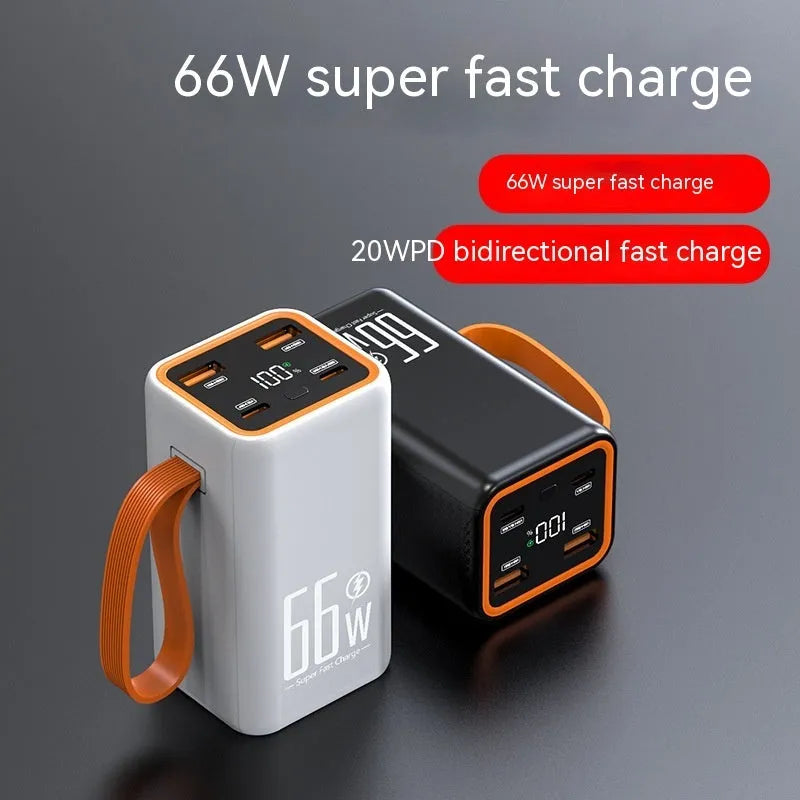Black and white 20000 mAh fast charge power bank with creative design measuring 95mm